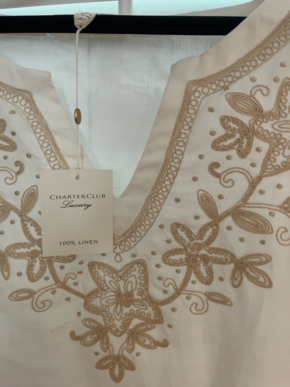 Charter Club White Linen Top with Tan Embroidered Floral Design - Picture 2 of 9